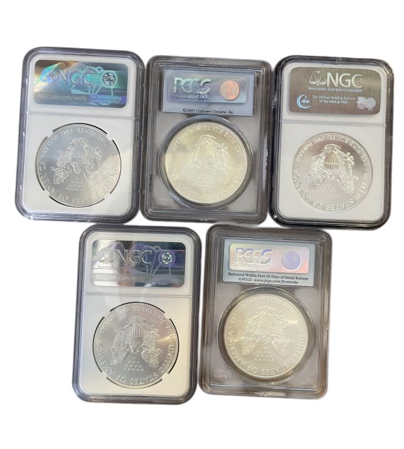 Five Uncirculated American Silver Eagle $1 Coins - 2