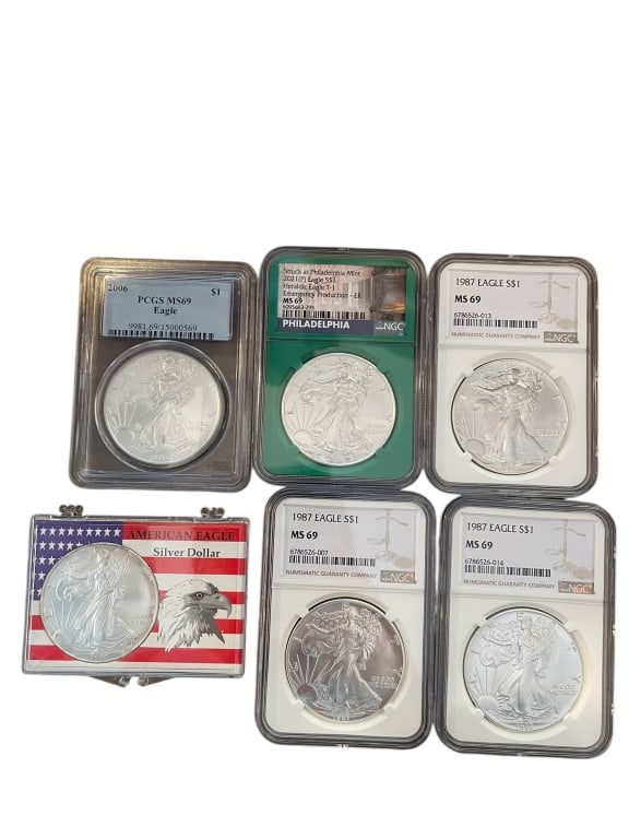 Six Uncirculated American Eagle $1 Silver Coins (1 of 2)