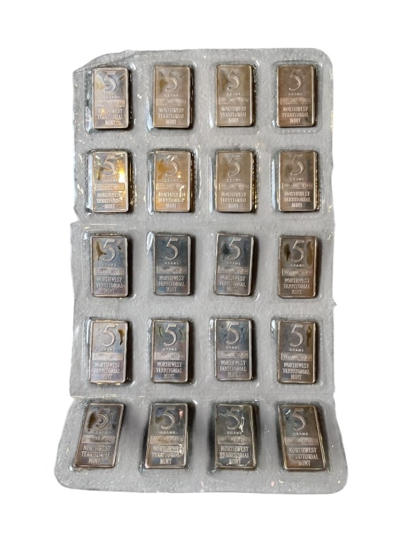 100g Fine Silver Bars (Sealed Sheet): Original mint-sealed sheet of 20 Northwest Territorial Mint silver bars, each 5 grams of .999 fine silver, totaling 100 grams. Bars display normal toning/milk spotting consistent with NWT