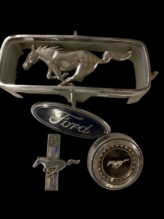 43 vintage Mustang Accessories: Mustang Grill Ornament, 7 inch Ford Oval, Mustang 289 Fender Emblem. Year 1965-1968 models. Ford Mustang Gas cap
