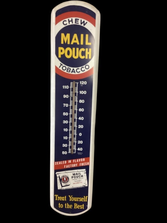 Mail Pouch Tobacco Thermometer Sign: Vintage 1969 sign, Chew Mail Pouch 39 inches long, one sided, good graphics, intact bulb