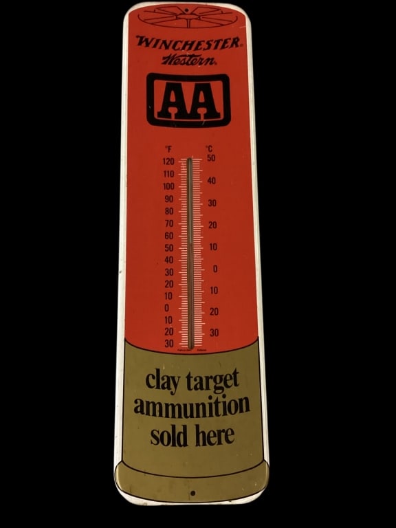 Winchester Clay Target Ammunition Thermometer: 27 inch Winchester Western AA Sold Here Sign thermometer. One sided, good graphics, color, intact bulb. Stamped 99 at base