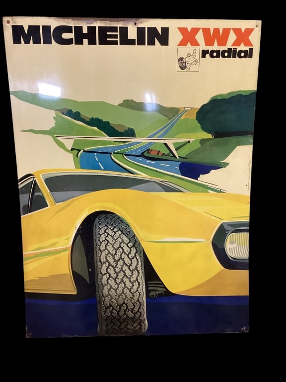 Michelin XWX Radial Tire Sign: Display Dealer Sign, early 70s, 32 x 24. One sided sign, good color, light scuff, and rub to upper edge