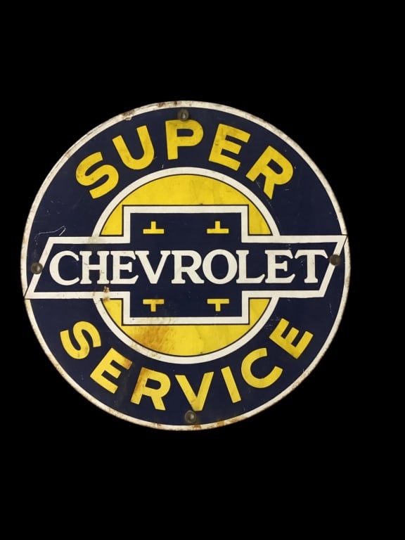 Chevrolet Super Service Dealer Sign: Porcelain single sided, 12 inch circular sign. White, cobalt, yellow. Light rust at base edge, white porcelain reverse