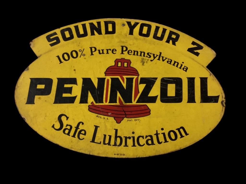 Pennzoil Sound Your Horn Sign: 17 inch Double Sided oval sign, Sound Your Z, safe Lubricant 1950?s. * fading to one side