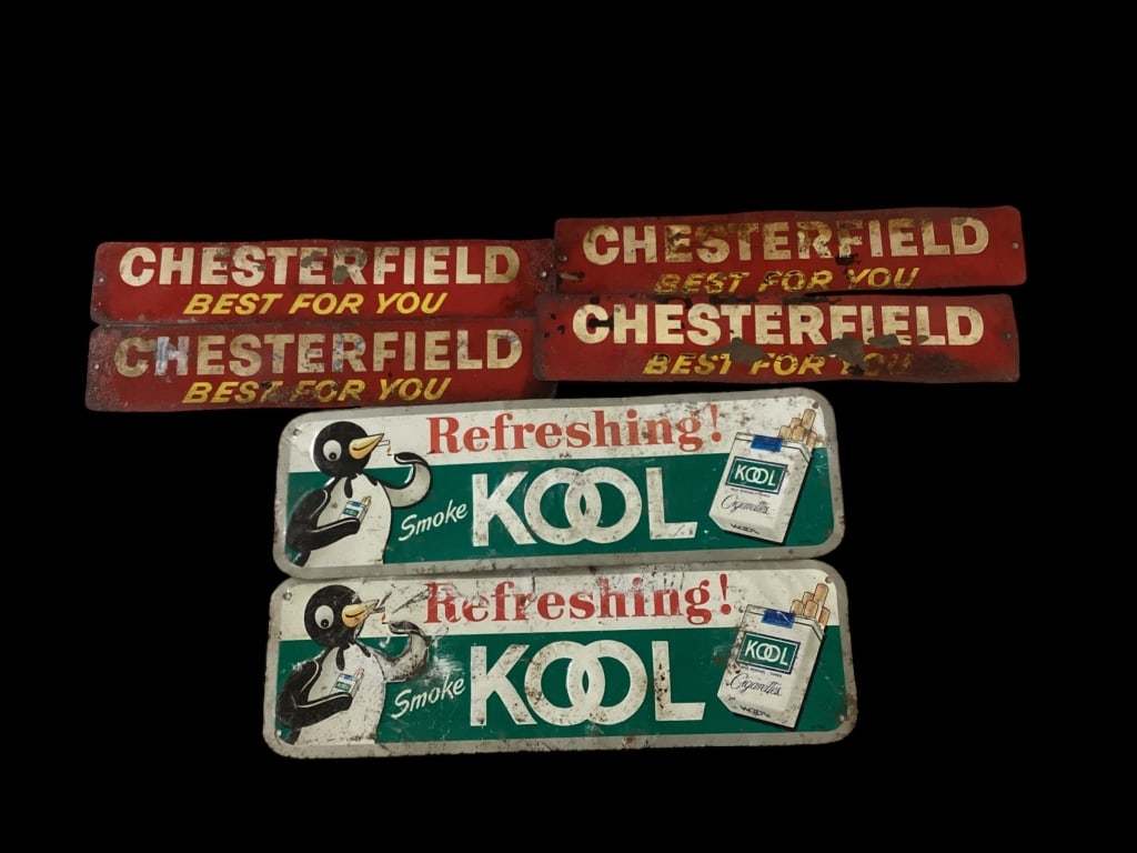 Kool and Chesterfield Cigarette Signs: 2 Refreshing ! Smoke Kool with Penguin and Kool packs, 12 x 3.5. Four Chesterfield Best For You Single sided signs, 10 inches in length, likely rack toppers, * wear, scuff, scratch marks