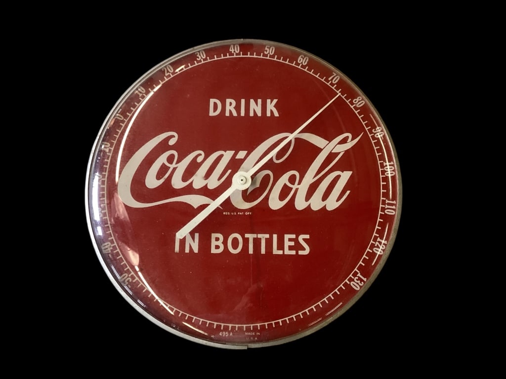 Vintage Drink Coca Cola in Bottles Advertising: Thermometer ..#495 A12 inch glass bubble face. Intact glass, clear lettering, metal frame