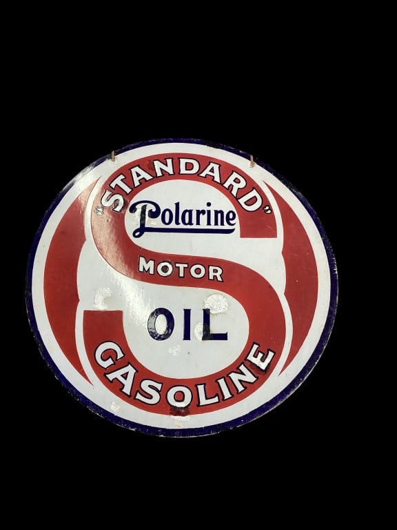 Vintage Polarine Motor Oil - Gasoline Sign: 30 inch diameter double sided porcelain, good color and frame, * has some dings