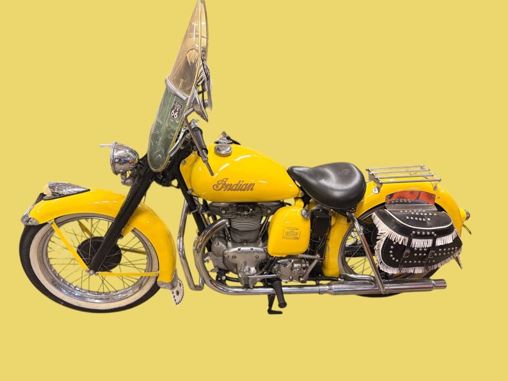 Restored 1949 Indian Scout: Complete restoration,vintage Indian Motorcycle is a premier example of classic American engineering, finished in a bold, eye-catching yellow that highlights its iconic styling. The motorcycle