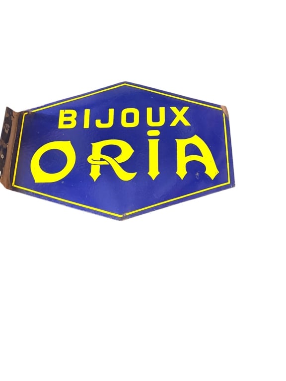 Vintage Bijoux Oria flange: vintage Bijoux Oria advertising sign, which was for a French jewelry company that operated prior to World War II. double-sided enamel, 22 x 14