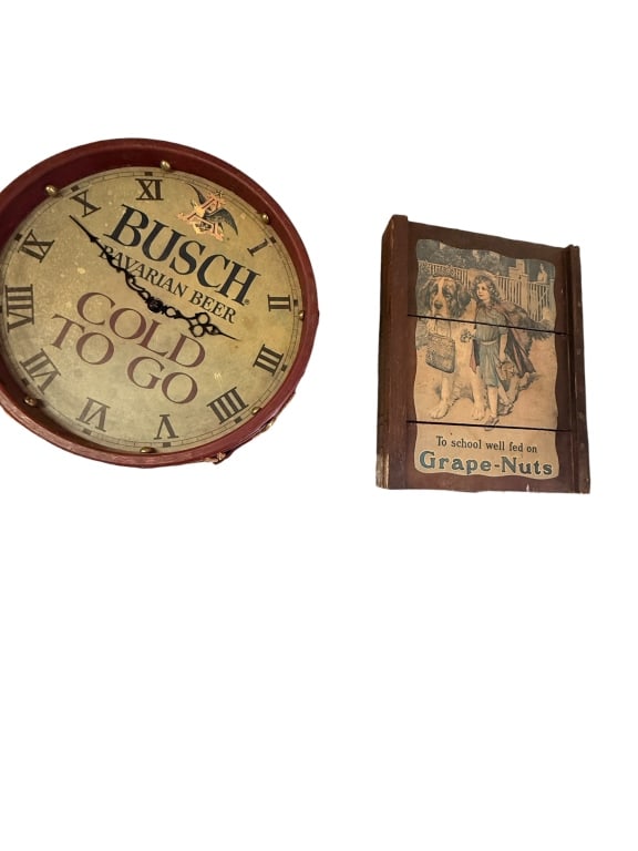 3 Pcs Vintage Advertising: Pepsi clock, , grape nuts, bush drum clock,