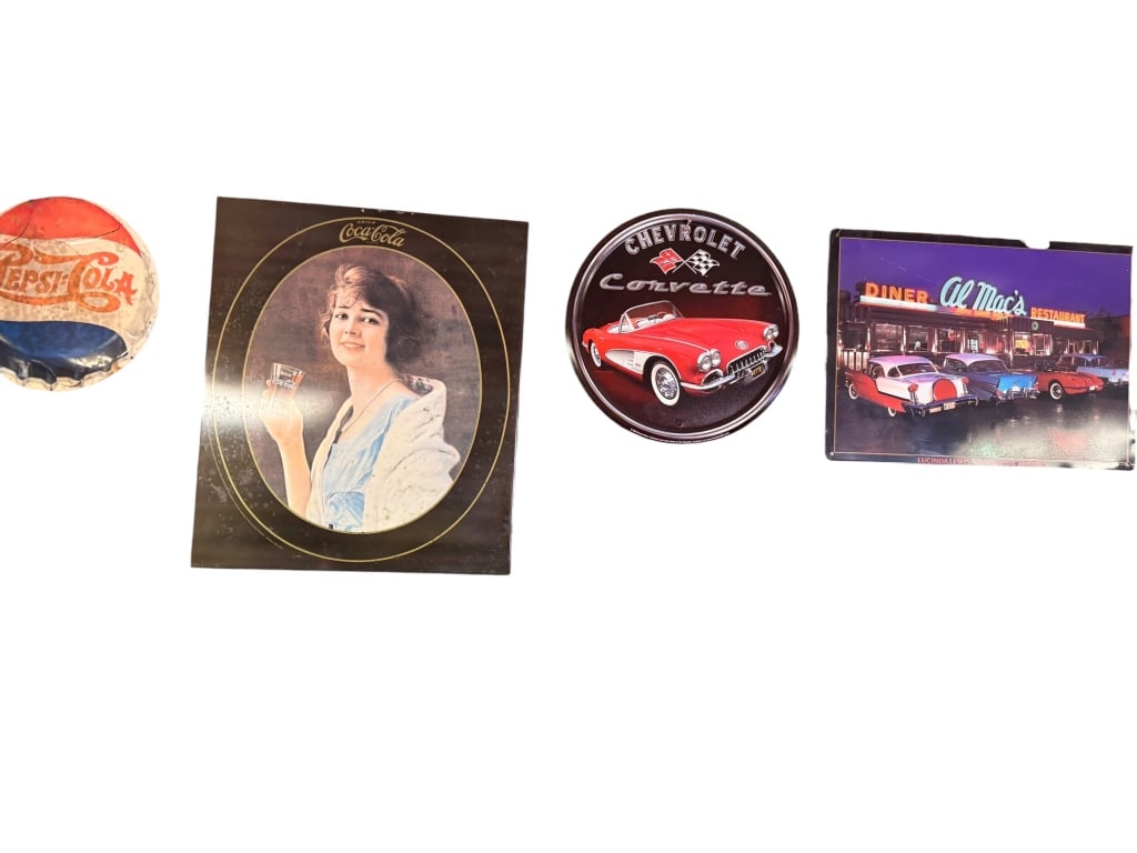 5 pcs vintage Advertising: Coke button(flaking paint), coke clock and drink cole ad, Al Mac?s Restaurant & corvette round