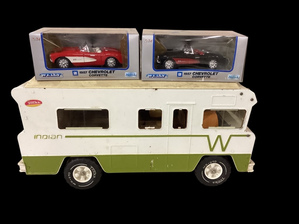 Collected Toy Cars: Two Die Cast Metal Cars, 1/24 scale, 1957 Chevrolet Corvette models, NIB. 1970sTonk Winnebago Indian RV Camper. 22 inches long, green and white. * storage/ display dust