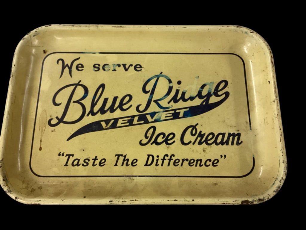 Blue Ridge Ice Cream Tray: Metal Ice Cream Tray, original 1950?s Blue Ridge Velvet Ice Cream.. Taste The Difference, yellow ground with deep blue lettering. Attribution to Rutherfordton NC* surface scratches , light fade, needs