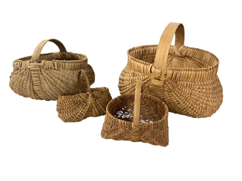 Country Baskets: Four Split Woven Country Baskets, Good 14 inch gathering basket with bentwood handle, rib and weave. Older 10 inch egg basket, tightly woven, , nailed in rim6 x 3 inch double egg basket, eye