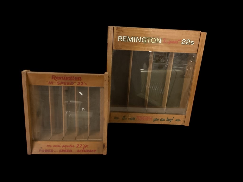 Two Remington Ammunition Displays: Remington Hi Speed 22s ammo display boxes, counter top size, glass lift front for loading . 9 x 10 and 12 x 14 inches.