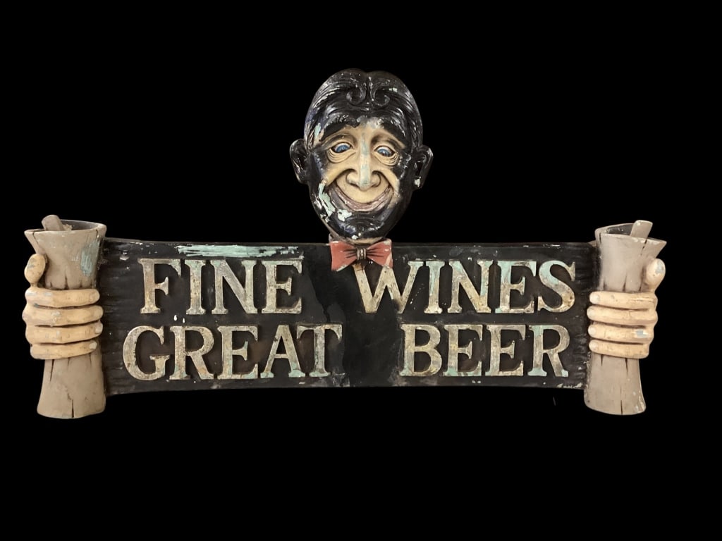 Vintage Fine Wines, Great Beer Back Bar Sign: Painted composition sign, 29 x 17 inches, double sided glass and with character face, holding a self framed advertising display. Relief text. Chain Fot hanging display * possibly repainted , has