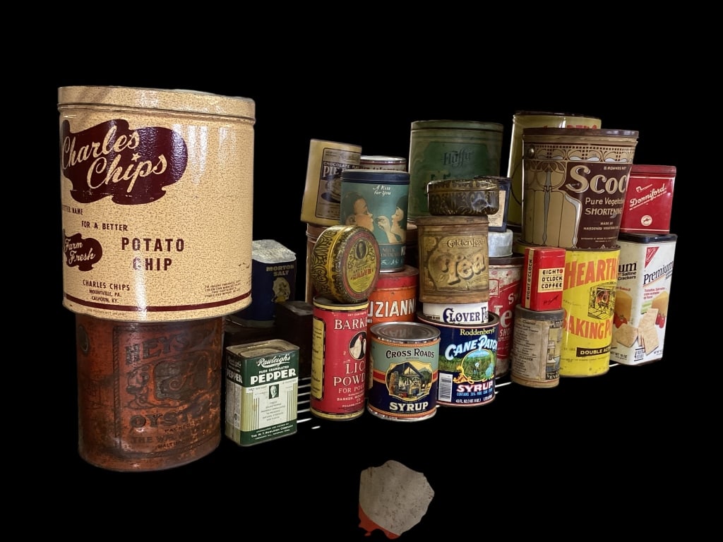 Collected Group Advertising Tins: Approximately 30 pieces, including Scoco Shortning, Nabisco Crackers, Barkers Lice Powder, Rawleighs Pepper, Charles Chips, Atlantic Beer, Donniford Tobacco, Morton Salt.