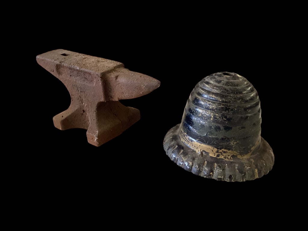 Miniature Anvil, Bee Hive String Holder: miniature blacksmiths anvil, 9.5 x 4.5 inches, lots of wear. Cast iron country store bee hive string holder, twine dispenser.