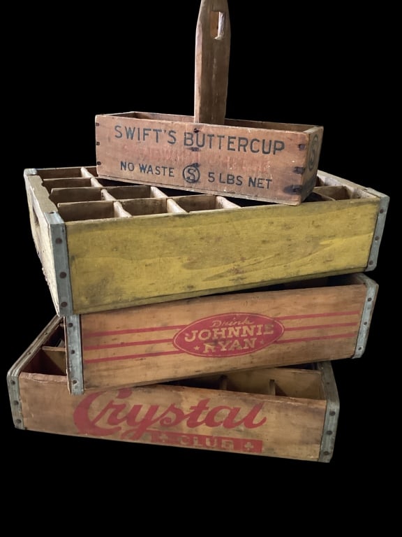 Drink Crates, Cheese Box: Crystal Club 24 bottle wooden crate, Johnny Ryan wooden crate with 12 bottle good Red graphic Logo, old Coca Cola drink crate, holds 24 bottles, Logo has faded away but crate is sound, Swifts