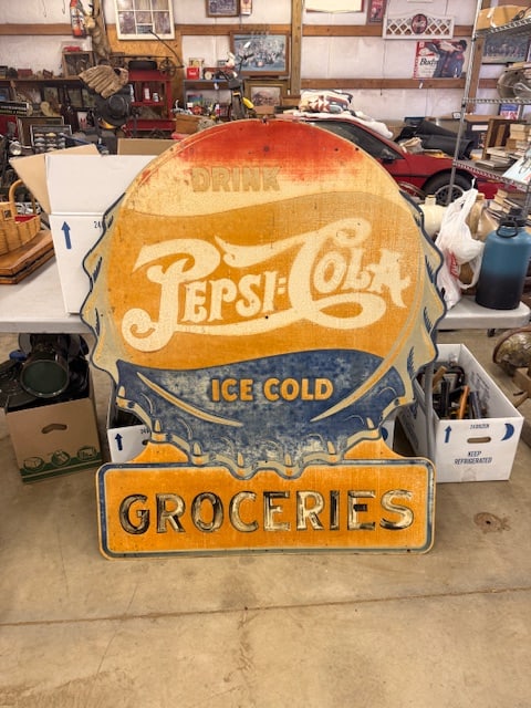 Vintage 24' Pepsi Bottle Cap Sign: 54" Tall Ice Cold Pepsi Cola Groceries sign. Wear from outdoor exposure, fading and surface rust.