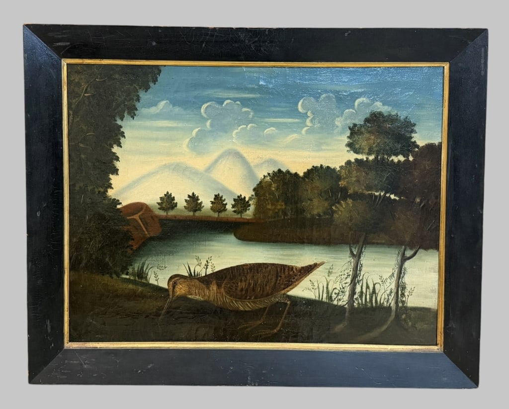 19th Century Folk Art Landscape with Bird: American school, oil on canvas, apparently unsigned, sight 19 x 25 in., gilt liner and black painted frame..likely lined, surface grime, crackle, few small abrasions, scattered repaints, frame with we
