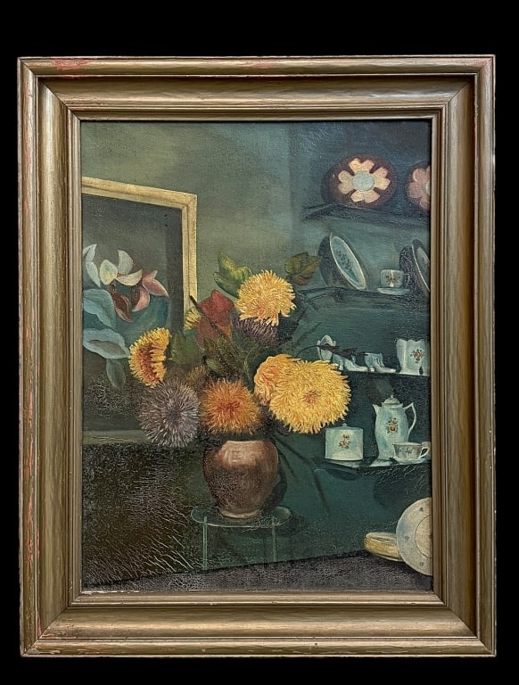 Floral Still Life in Interior Room: Late 19th/early 20th century, oil on canvas, charming interior scene with China on shelves and an additional floral still life painting (perfect for fans of paintings within a painting),