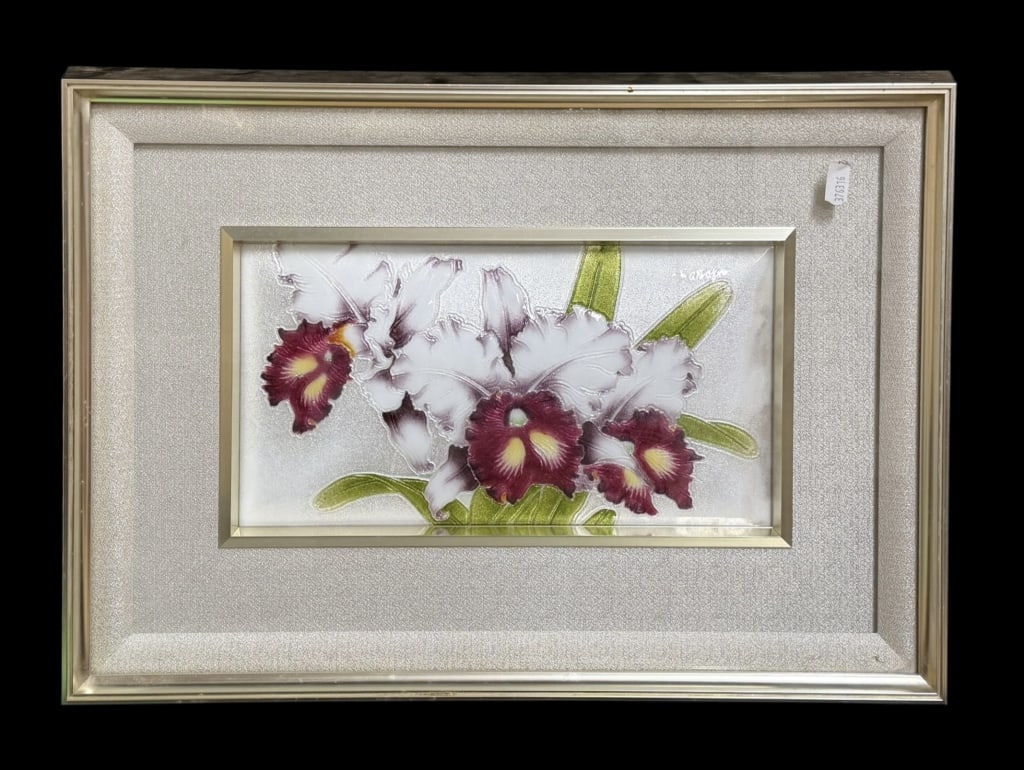 Framed Cloisonne Orchid Panel: Late 20th century, showing 3 colorful cattleya orchids and leaves, no visible makers markings, housed in Shadowbox frame, frame with light wear..DOA: 13.5H x 19W x 1.5D inches