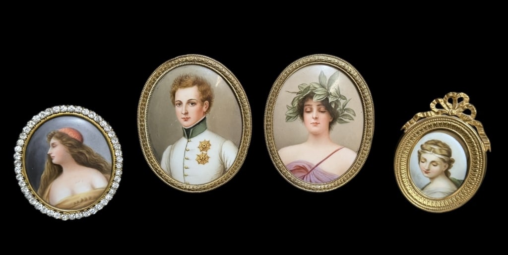 Continental Porcelain Miniature Portrait Plaques: 19th century hand painted porcelain plaques, larger plaques featuring Daphne and a young Napoleon II, smaller plaques with classical female profiles..larger plaques are signed Wagner, smaller are