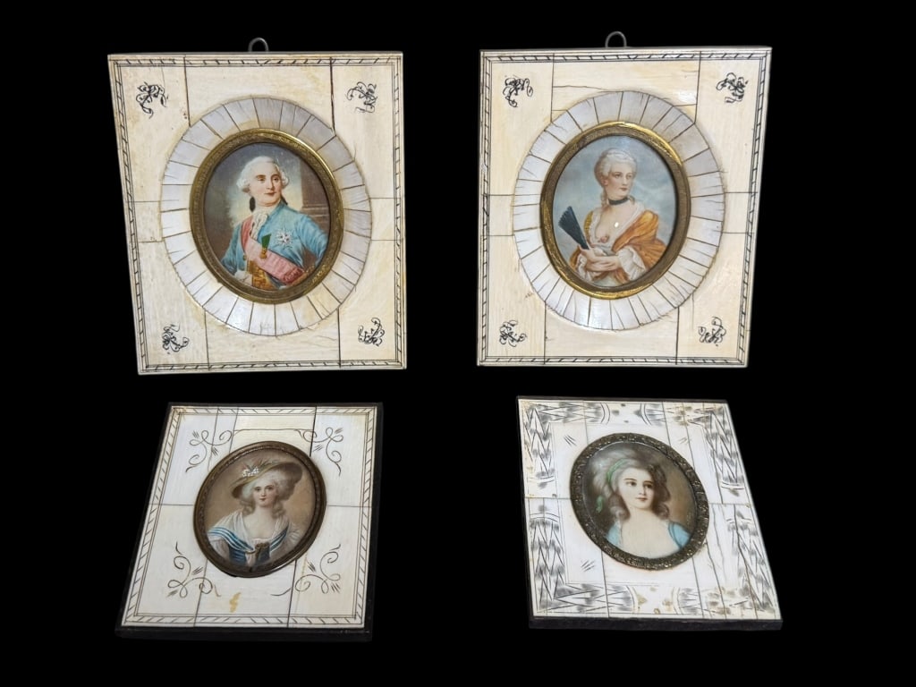 Four Continental Miniature Portraits: French hand painted miniatures in bone frames, larger portraits of Louis XVI and Louise Henriette de Bourbon, smaller portraits of young beauties, all appear signed, paper backings..age related