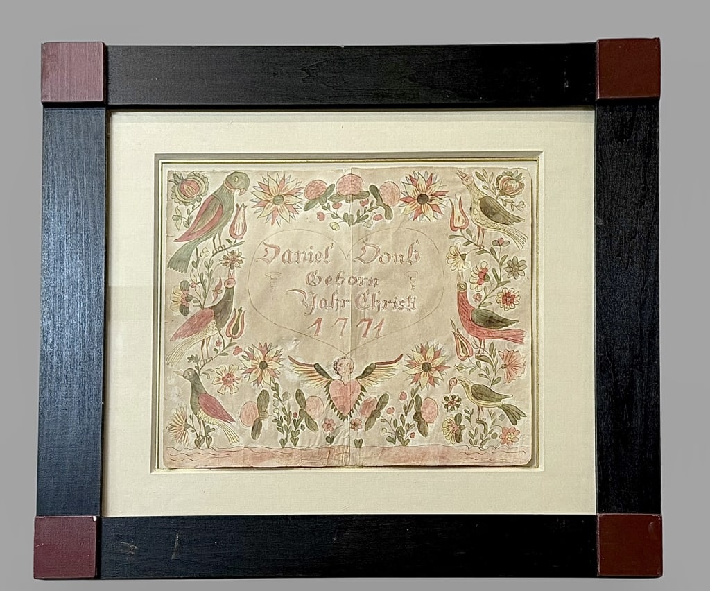 Early Pennsylvania German Fraktur: Taufshein for Daniel Doub, born 1771..watercolor and ink on laid paper, sheet 12.5 x 14.75 in., float mounted, verso with cutout showing listed names and dates, new black and red painted