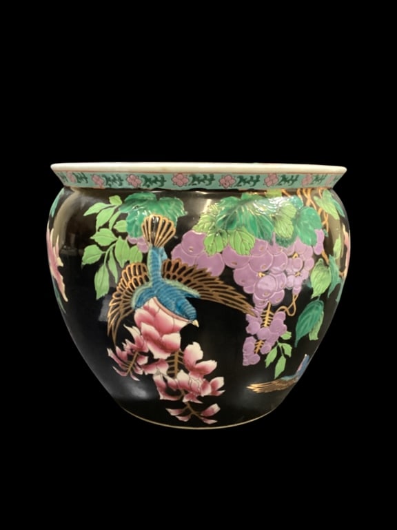 Chinese Porcelain Fish Bowl Planter: Vintage Koi Fish Planter, with Black ground, hand decorated with grapes, sparrows, leafy foliage. 12 inches long diameter. Line Item # 2