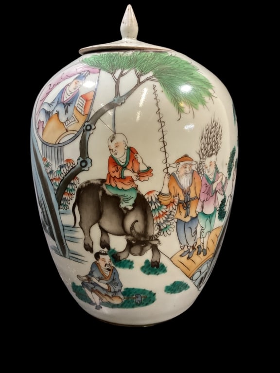 Antique Chinese Porcelain Spice Jar: Republic Period, decorated in Famille rose style with predominantly pink colors. Hand painted figures, various features. Reverse with calligraphy motto. 13 inches tall.