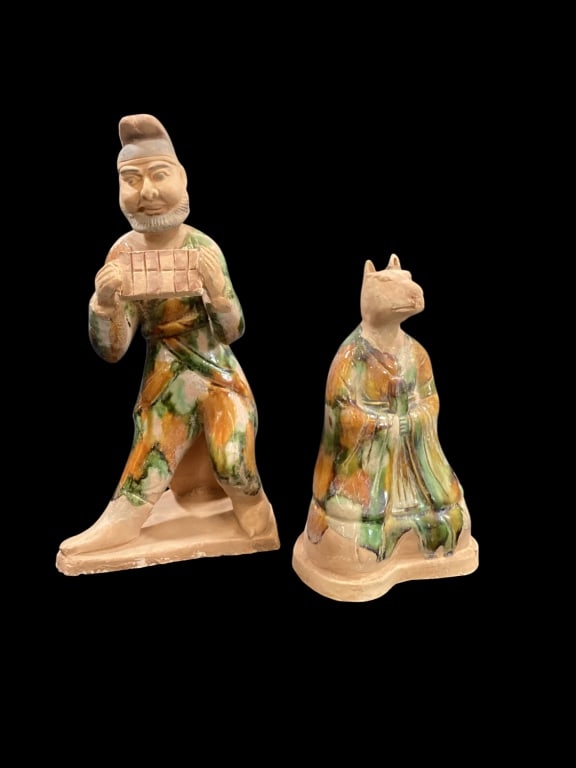 Chinese Sancai Figures: 7 inch tall dig headed man, part of Zodiac group of 12. 10 inch attendant carrying a box or tablet.