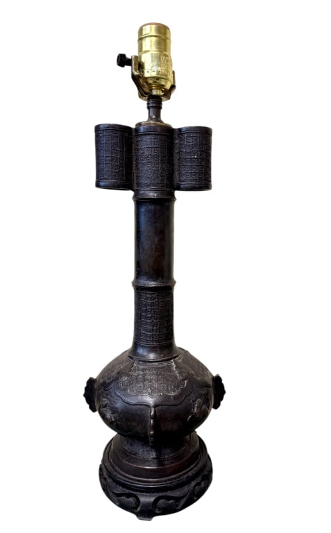 Chinese Bronze Arrow Vase Lamp: Chinese, 17th-19th century..bronze vase with globular body, decorated with 4 auspicious beasts, long neck with lug handles, Huiwen pattern..base has been drilled for lamp conversion, surface sit