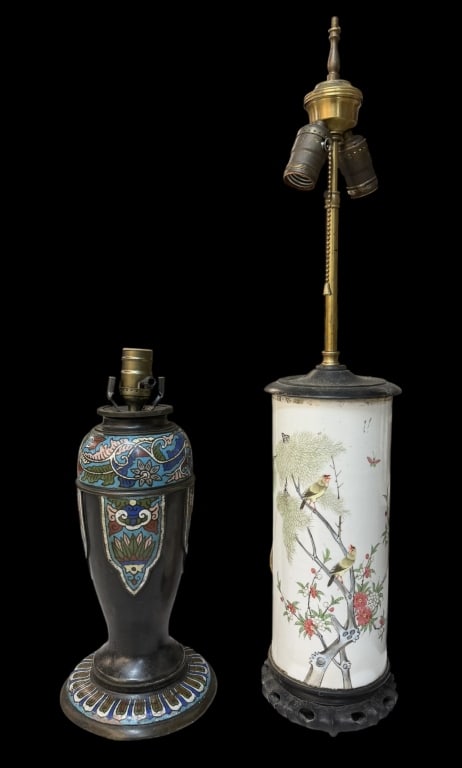 Two Asian Table Lamps: 19th/20th century Chinese hat or wig stand, 26 inches tall overall, songbirds in blooming tree branches, wooden base, brass cap; 15 inch tall Bronze champleve vase lamp, bent foot ring..both with