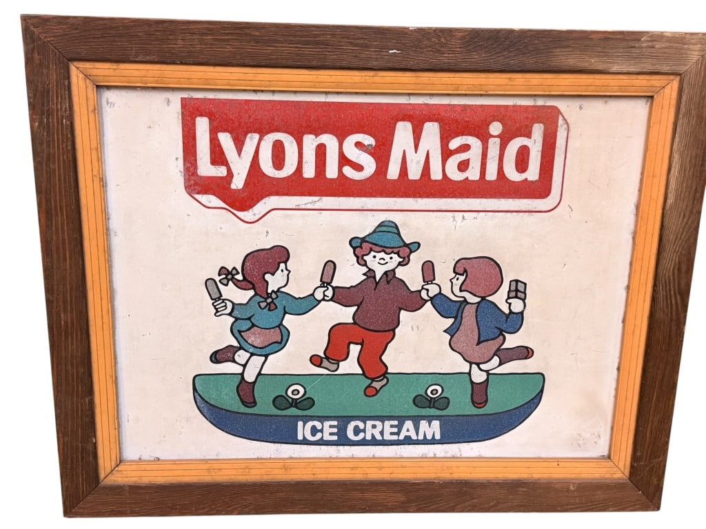 Vintage Lyons MaId Ice Cream Sign: Tin, embossed, framed, 3 Dutch children dancing with Ice Cream,