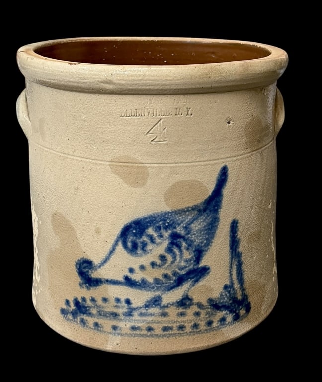 Brady & Ryan Salt Glaze Stoneware Crock: 4 Gallon salt glaze stoneware crock with cobalt decoration of Chicken pecking corn, marked below rim: Brady & Ryan / Ellenville N.Y. / 4, age related wear and discoloration, loss to glaze
