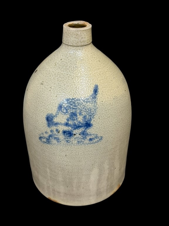 Salt Glaze Stoneware Jug: 3 gallon salt glaze stoneware jug with cobalt decoration of chicken pecking corn, impressed 3 at neck but otherwise unmarked, age related wear, chips to spout, 14.5H x 10W inches