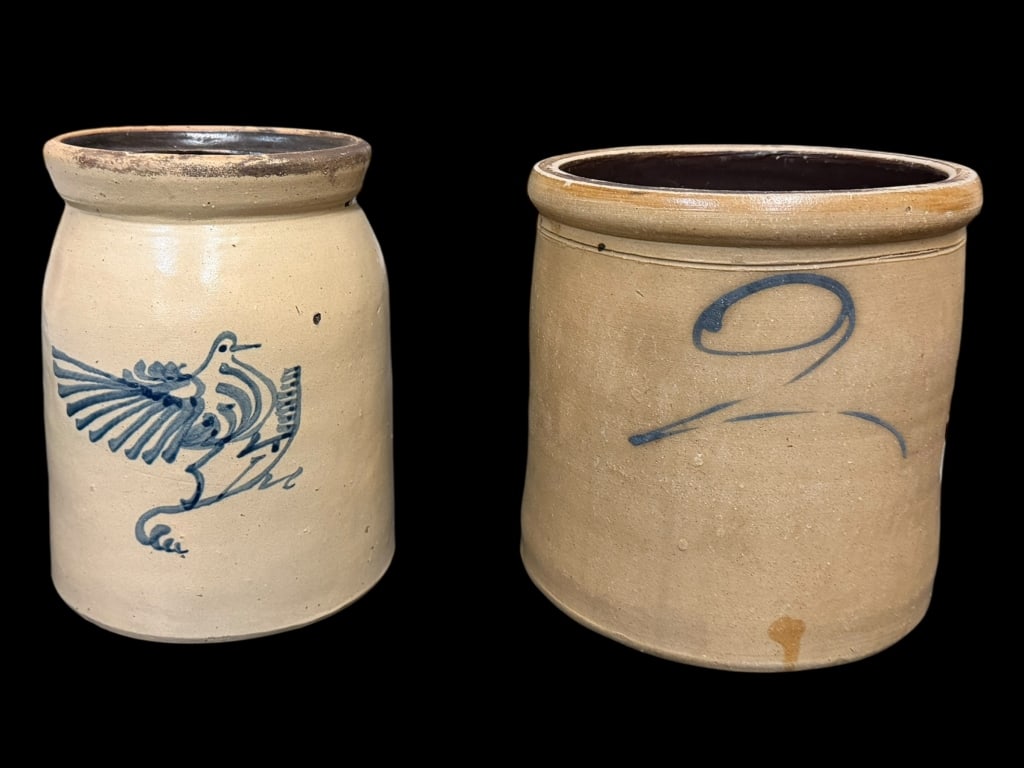 Two Stoneware Crocks: 9.5 and 9 inch crocks, both are unmarked, cobalt decoration of bird one one, other with 2 in script, age related wear and surface dirt, #2 crock with damage at base