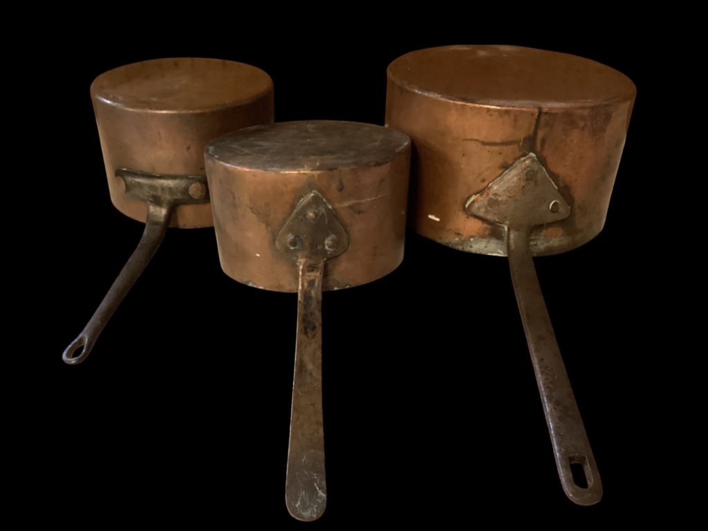 Three Pieces Heavy Copper Cookware: Large 12 inch stockpot and 2 nine inch stock pots, 2 with cast handles, one copper handle.