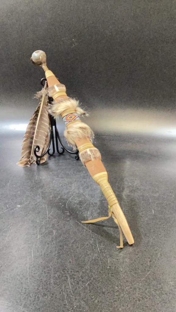 Native American Peace Pipe: Carved Wood stem with stone carved catlinite bowl, leather wrapped with rabbit fur banding, beaded center band. Antler carved pipe stem. Turkey feathers and claw. Traditional pipes were