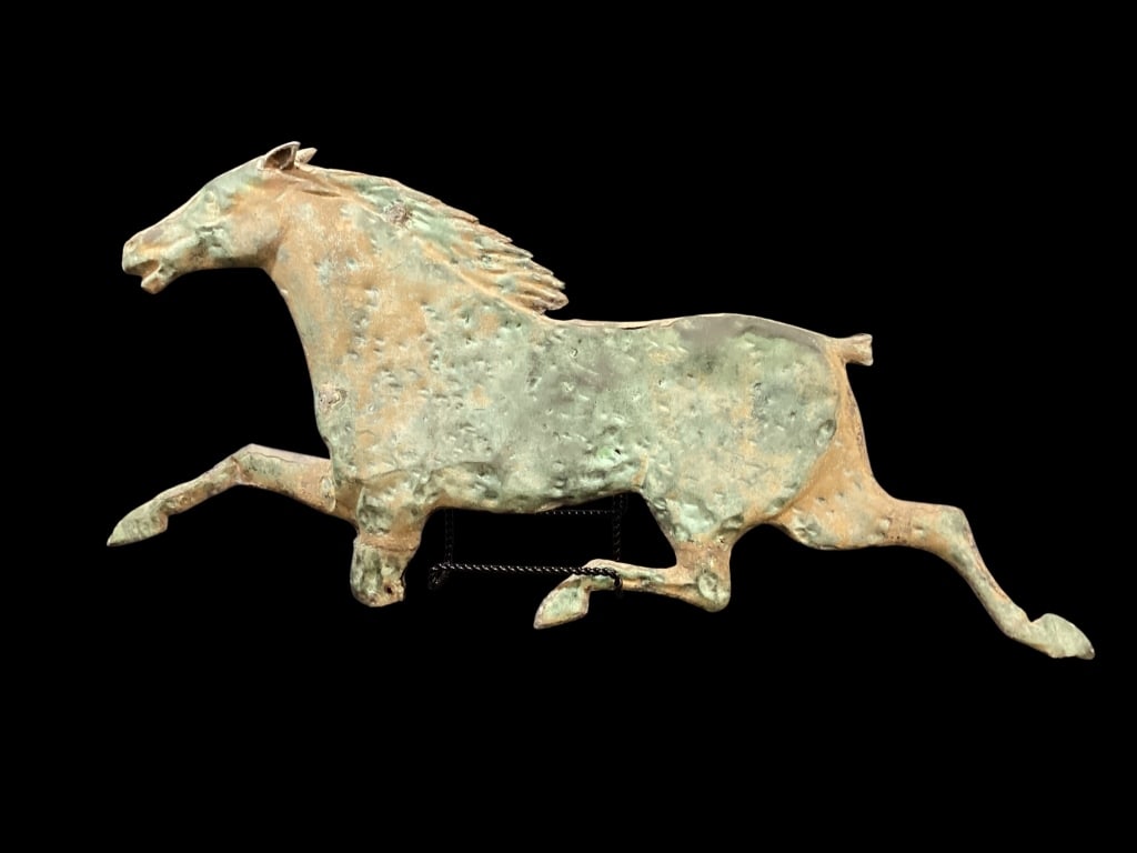 Antique Copper Weathervane: The Running Horse, or Ethan Allen horse weather vane. 27 x 14 inches, with verdigris surface, attributed to age and weather wear. Double sided, with missing front left hoof, bobbed tail.