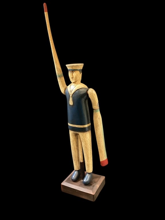 Whirligig Sailor: Great 22 inch tall carved and painted sailor, with long rotating arms, crafted after a 1930 original piece. With a wooden base stand