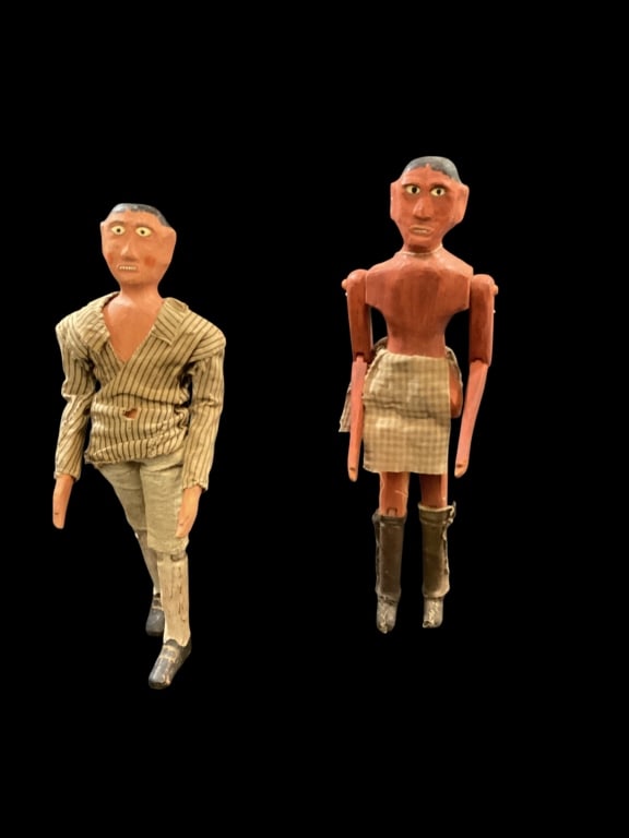 Folk Art Limberjack Dolls: 2 Articulated Figures, at 14 and 16 inches. Traditional Folk Art, hand crafted and painted. Often referred to as jig dancers or lumberjacks . Native American male is 16 inches, with breechcloth,