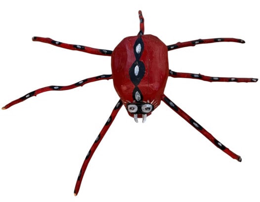 Folk Art Spider: Contemporary, red with black and whot accent spotting, signed, CN Lyerly, 15 tall x 34 deep x 43 wide