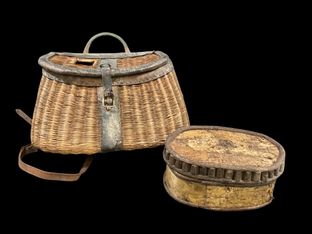 Vintage Fishing Creel, Bark Box: Leather trimmed wicker fishing creel, 13 x 10 inches, with shoulder strap, fish cutout at lid. Birch Bark oval box, with twig details,