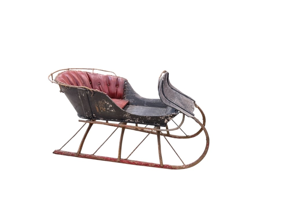 Antique Childs Sleigh In Original Paint: Early 20th C, original paint and condition, tufted seat, metal Support need reattached, 37 long x 22 tall x 19 deep