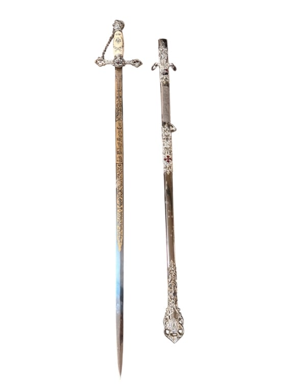 Personalized Antique Knights Templar Sword: This is a high-quality, personalized Knights Templar Masonic fraternal sword made by the renowned Henderson-Ames Co. of Kalamazoo, Mich.. The sword features a highly decorative blade with