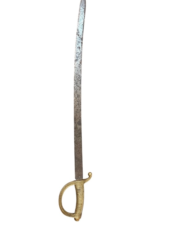French Model 1831 Infantry Briquet: A 19th-century "Cabbage Cutter" (coupe-chou) infantry sidearm featuring a classic neo-classical ribbed brass hilt and beaded D-guard. The blade shows heavy age-related pitting and dark oxidation